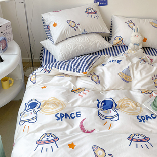 全棉儿童床品宇宙星空床单，被套卡通纯棉，三件套男孩床笠1.21.5米