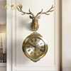 欧式双面挂钟鹿头黄铜色大号轻奢时钟家用时尚艺术壁挂两面石英钟