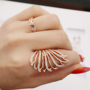 日韩时尚个性食指戒指女满钻玫瑰金色，翅膀羽毛镂空夸张指环开口女