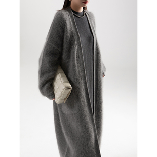 belin慵懒风浣熊绒灰色毛衣，开衫女冬v领加厚中长款针织大衣外套