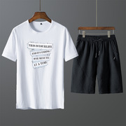 夏季莫代尔短袖t恤运动套装，韩版青少年纯棉体恤5分裤2件套情侣装