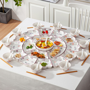 紫萱花团圆拼盘餐具组合套装家用圆桌年夜饭家庭拼盘盘子陶瓷碗碟