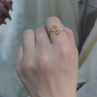 天然招财玫瑰花黄水晶戒指，转运原创手工，定制女士14k注金指环饰品