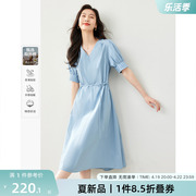 梵希蔓气质通勤蓝色连衣裙，女2024年夏季绑带收腰显瘦别致裙子