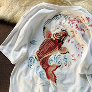 特大码300斤国潮中国风刺绣鲤鱼短袖T恤男女夏季宽松纯棉半袖上衣