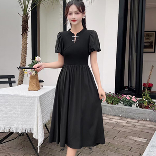 黑色旗袍改良中式连衣裙夏季高级感收腰修身A字裙显瘦小个子气质