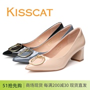 kisscat接吻猫2024春款粗跟尖头，高跟鞋漆皮女鞋单鞋圆扣亮皮牛皮