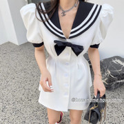 2022夏季韩版百搭减龄学院风撞色海军领泡泡袖短袖连衣裙短裙