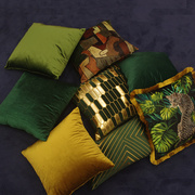复古绿色系金色抱枕靠垫腰枕软装简约样板房布艺装饰