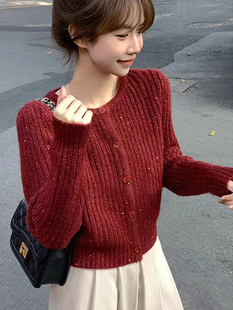 小个子红色短款内搭开衫毛衣女款2023秋冬季针织衫上衣女