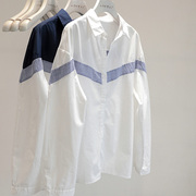 FEI常有质感~2023条纹拼接白色衬衫女设计感小众宽松休闲衬衣