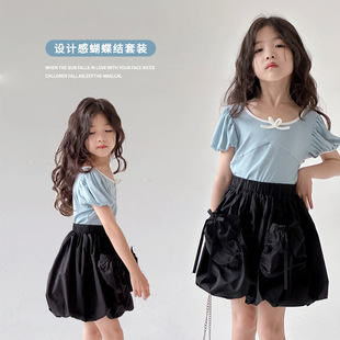 女童韩系穿搭设计感蝴蝶结t恤短裙套装夏季2024儿童女宝裙子