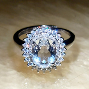 天然白水晶戒指 宝石级纯净透体刻面双层锆石豪华镶嵌戴妃款活口