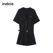 indicia黑色连体裤，v领连衣短裤套装，休闲夏季时尚职业女装
