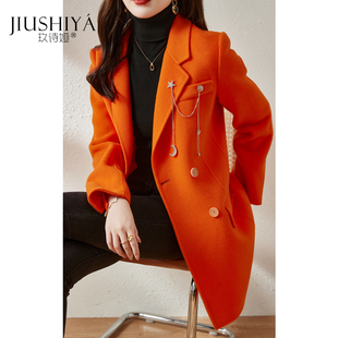 玖诗娅橘色双面羊毛大衣女短秋冬橙色高端双排扣小个子羊毛呢外套