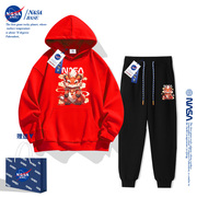 NASA男童红色加绒卫衣套装2024本命年儿童12岁龙年过新年拜年衣服