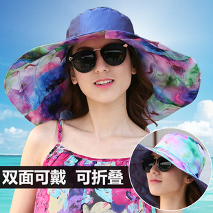 帽子女潮夏天大沿沙滩帽防晒防紫外线，可折叠大檐帽海边太阳遮阳帽