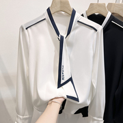 2022韩国气质显瘦纯色V领系带刺绣套头长袖雪纺衫女秋季衬衫
