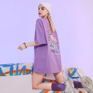 紫色t恤女夏季大版下衣失踪体恤纯棉宽松短袖上衣设计感小众潮牌