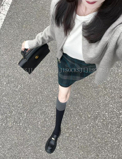 韩国黑灰色拼接袜子女经典，显瘦款拼色中长网红高筒过膝靴子大腿袜