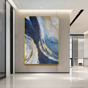 纯手绘抽象油画现代简约金色轻奢美式玄关装饰画北欧金光流云蓝色