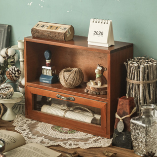 桌面收纳盒办公桌zakka柜子，抽屉式复古杯子化妆品置物架桌上木质