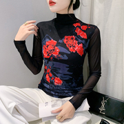 中国风复古印花上衣女秋季气质半高领网纱打底衫修身内搭t恤小衫