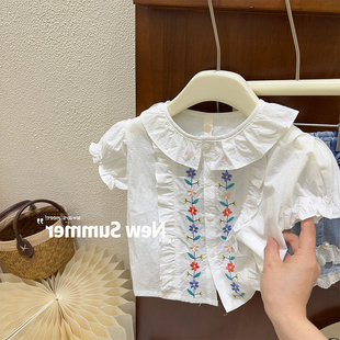 女宝宝夏装短袖衬衫重工刺绣纯棉娃娃衫中小童洋气白色泡泡袖衬衣