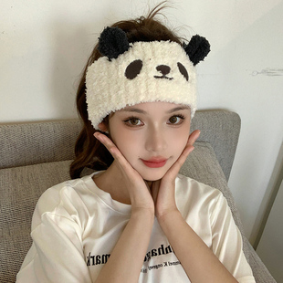 日系毛绒绒洗脸发带女可爱熊猫，宽束发带头巾，压发发箍月子头套头饰