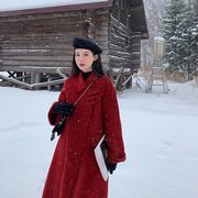 红色双面羊绒大衣女2023秋冬高级感婚礼，新娘羊毛呢子中式外套
