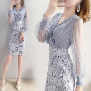 法式复古名媛长袖气质包臀连衣裙V领假两件高级感显瘦网纱蕾丝裙
