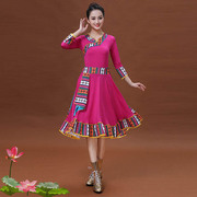 藏族舞蹈服大红广场舞服装，女民族风，套装中老年跳舞裙子演出服