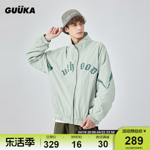 GUUKA潮牌灰绿色半高领夹克男秋户外 青少年双色拼接刺绣外套宽松