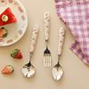 蓝莲花草莓兔年餐具，家用304不锈钢圆勺陶瓷，手柄汤勺可爱水果叉子