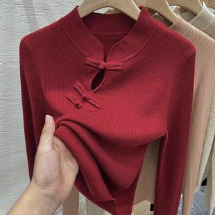 红色国风毛衣女(毛衣女，)2024女装秋冬修身针织新中式酒红色打底衫上衣