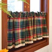 美式圣诞布艺半帘复古绿色格子，窗帘厨房阳台，短帘门帘免打孔可定制