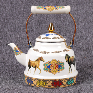 蒙古族特色奶茶壶白马搪瓷壶酥油，茶壶蒙餐水壶提梁壶民族风大容量
