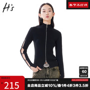 HS奥莱2022冬季女装商场同款含羊毛黑色镂空时髦立领针织开衫