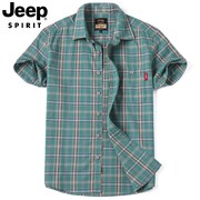 jeep纯棉男士短袖衬衫，夏季宽松休闲格子，衬衣男装大码半袖寸衫
