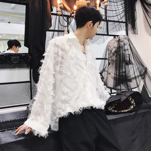 韩国ulzzang舞台装个性羽毛夜店男歌手演出ins风网红款GD长袖衬衫