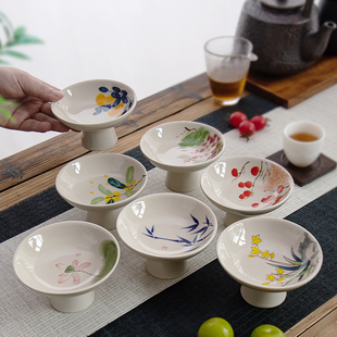 中式茶点盘简约家用陶瓷，点心盘高足精致果盘，喝茶糕点干果零食盘子