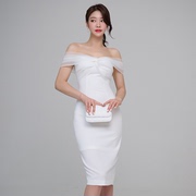 白色吊带连衣裙女夏季超仙网纱一字肩，裙子高级感修身包臀长裙礼服