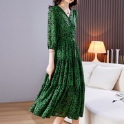 夏欧美时尚酷拽成熟女装鲜艳墨绿色七分袖收腰过膝优雅大摆连衣裙
