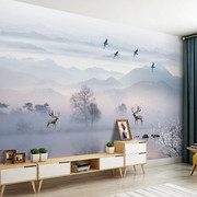 现代中式水墨山水壁纸抽象麋鹿，影视墙布壁画，客厅沙发电视背景墙纸