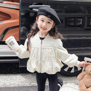 女童春秋外套韩版2024小童，洋气时髦夹克，女宝宝网红泡泡袖上衣