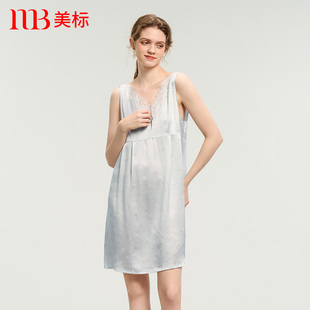 美标真丝吊带睡裙夏季新款100%桑蚕丝绸睡衣女性感蕾丝无袖家居服