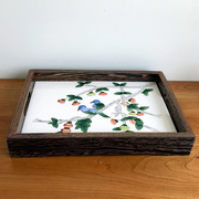 鸡翅木实木托盘手绘陶瓷茶盘，长方形茶海粉彩柿子，花鸟图纹收纳托盘