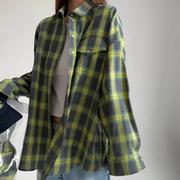 欧美复古翻领宽松衬衣格纹长袖口袋衬衫 Lapel loose plaid shirt