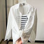 2024慵懒风白色衬衫女夏季韩系长袖宽松上衣小众条纹吊带两件套潮