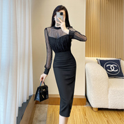 高级感秋季时尚穿搭黑色紧身包臀打底裙，性感显身材网纱精致连衣裙